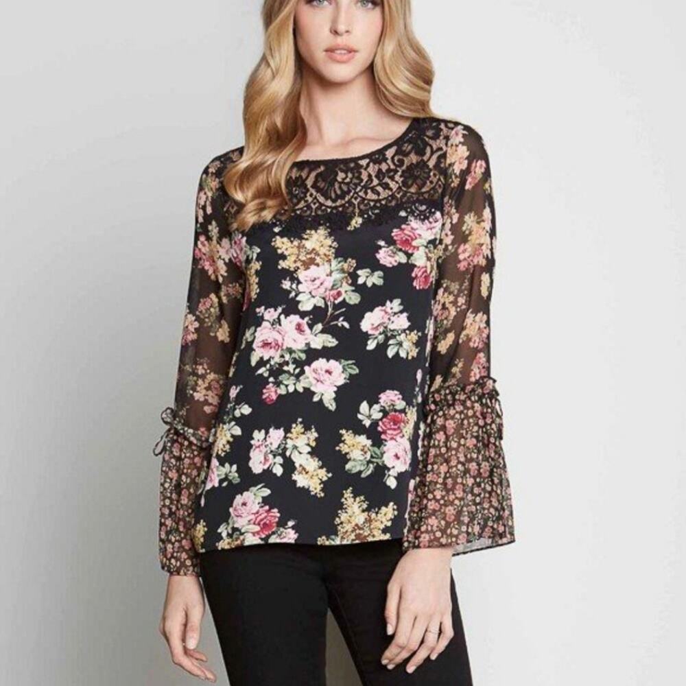 Karen Kane Black Floral Contrast Lace Yoke Sheer Bell Sleeve Boho Gauze Blouse